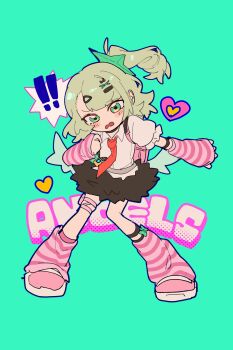 ! !! 1girl black_skirt blush chinatsu_remiel commentary_request english_text full_body fur-trimmed_skirt fur_trim green_background green_eyes green_hair hair_ornament head_tilt heart highres leg_warmers looking_at_viewer multiple_hair_clips multiple_thigh_straps nanoha_nai_(naiii_0330) necktie open_mouth outstretched_arm pink_arm_warmers pink_bag pink_leg_warmers pink_shoes ponytail red_necktie shirt shoes skirt solo spoken_exclamation_mark striped_arm_warmers striped_leg_warmers thigh_strap triangle_hair_ornament white_shirt white_wings winged_bag wings zenless_zone_zero