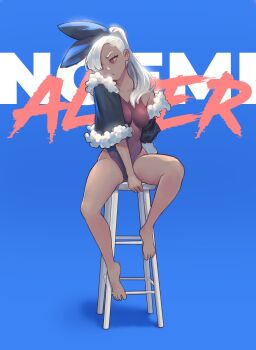 1girl annoyed arm_support averting_eyes barefoot between_legs black_bow black_capelet blue_background blunt_bangs borrowed_character bow breasts capelet character_name collarbone commentary dark-skinned_female dark_skin english_commentary english_text eyebrows_hidden_by_hair foot_dangle frown full_body fur-trimmed_capelet fur_trim furrowed_brow hair_bow hair_over_one_eye hair_over_shoulder hand_between_legs head_tilt highleg highleg_leotard highres invisible_floor large_bow leotard long_eyelashes long_hair looking_to_the_side medium_breasts narrowed_eyes noemi_alter_(piku184) original ponytail pout red_eyes red_leotard shadow simple_background single_bare_shoulder single_off_shoulder sitting slit_pupils solo stool straight-on text_background thick_eyelashes thighs v-shaped_eyebrows vertigris white_hair