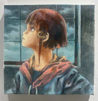 Rule 34 | 1girl, abe yoshitoshi, brown eyes, brown hair, commentary request, iwakura lain, jacket, looking up, painting (medium), parted lips, profile, serial experiments lain, short hair, solo, traditional media, upper body, watercolor (medium), window