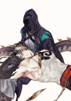 1boy 1girl absurdres arknights black_coat black_hair bright_pupils brown_hair chongyue_(arknights) coat doctor_(arknights) dragon_boy dragon_horns dragon_tail earrings facing_another feet_out_of_frame female_doctor_(arknights) hand_on_another&#039;s_ear hand_on_another&#039;s_shoulder hetero highres hood hood_up horns jewelry long_hair long_sleeves looking_at_another low_ponytail lying multicolored_hair muscular muscular_male on_back one_eye_closed pointy_ears ponytail red_eyes simple_background sleeveless slit_pupils streaked_hair tail tail_around_another&#039;s_leg tail_wrap very_long_tail walhee221