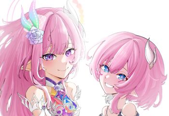 2girls absurdres bare_shoulders blue_eyes blue_flower blue_rose blush breasts closed_mouth commentary cyrene_(aedes_elysiae)_(honkai:_star_rail) cyrene_(honkai:_star_rail) cyrene_(ripples_of_past_reverie)_(honkai:_star_rail) diamond-shaped_pupils diamond_(shape) dual_persona english_commentary flower gwaksunpal hair_flower hair_ornament highres honkai:_star_rail honkai_(series) long_hair looking_at_viewer medium_breasts multiple_girls pink_hair pink_pupils pointy_ears rose simple_background smile symbol-shaped_pupils white_background