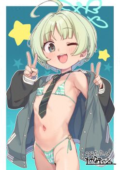 1girl :d adversarial_noise ahoge bikini blue_archive blue_halo breasts covered_erect_nipples dated diagonal-striped_clothes diagonal-striped_necktie double_v female_focus green_bikini green_hair grey_eyes grey_jacket grey_necktie halo highres jacket kanabun loli long_sleeves navel necktie o-ring o-ring_bottom one_eye_closed open_clothes open_jacket open_mouth paid_reward_available puffy_long_sleeves puffy_sleeves ritsu_(blue_archive) short_hair side-tie_bikini_bottom signature small_breasts smile solo star_(symbol) string_bikini striped_bikini striped_clothes swimsuit teeth upper_teeth_only v
