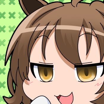 Rule 34 | 1girl, :3, agnes tachyon (umamusume), ahoge, animal ears, brown eyes, brown hair, close-up, green background, highres, horse ears, horse girl, mikazuki neko, open mouth, patterned background, smile, solo, umamusume