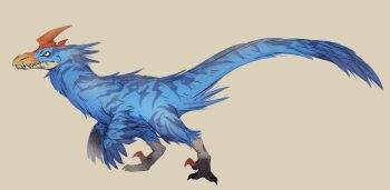 absurdres animal_focus blue_feathers claws closed_mouth dinosaur feathered_dinosaur feathers full_body highres miqo_te monster monster_hunter_(series) no_humans redesign sharp_teeth simple_background solo tail talons teeth velocidrome velociraptor wings yellow_eyes