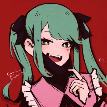 1girl absurdres black_bow bow commentary commission commissioner_name dated english_commentary facial_mark gold_ring green_eyes green_hair hair_bow hatsune_miku heart heart_facial_mark highres mask mask_pull mouth_mask pink_shirt portrait red_background rnna shirt sidelocks signature simple_background solo twintails vampire vampire_(vocaloid) vocaloid