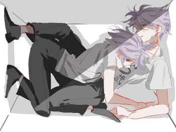 2boys 94dokugen alternate_costume black_pants black_shoes commentary dual_persona earrings grey_shirt highres jewelry male_focus multicolored_hair multiple_boys open_mouth pants parted_lips purple_hair red_eyes saibou_shinkyoku shirt shoes short_hair sketch smile stuck_in_a_box theodore_riddle two-tone_hair yaoi