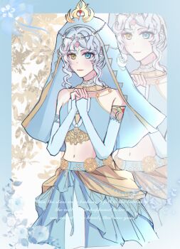 1girl armlet bare_shoulders beads belt blue_belt blue_border blue_eyes blue_shirt blue_skirt blue_sleeves blue_veil border chinese_commentary closed_mouth commentary_request commission crescent crescent_hair_ornament crop_top cropped_legs detached_sleeves dot_nose floral_background frilled_garter_belt gold_armlet gold_necklace hair_ornament happy heterochromia highres infinity_nikki jewelry lace-trimmed_sleeves lace_trim light_blush lipstick long_skirt long_sleeves looking_ahead makeup midriff navel necklace nikki_(series) own_hands_clasped own_hands_together pink_lips sample_watermark shirt short_hair_with_long_locks skirt skirt_set sleeves_past_wrists smile sohn_(sjeya316551) solo stuffed_belt stylist_(nikki) veil watermark wavy_hair white_background white_hair yellow_eyes zoo