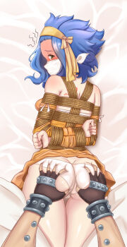 Rule 34 | 1boy, 1girl, @ @, arm piercing, arms behind back, ass, back tattoo, bare shoulders, bdsm, bed, bed sheet, blue hair, blush, bondage, bound, bound arms, bound breasts, bound torso, brass knuckles, breast bondage, breasts, brown eyes, butt crack, clenched hand, clenched hands, cloth gag, commission, commissioner upload, detached sleeves, dress, embarrassed, fairy tail, female focus, fingerless gloves, gag, gagged, gajeel redfox, gloves, grabbing another's ass, groping, hair ornament, hair ribbon, improvised gag, lace trim, levy mcgarden, looking at another, looking at viewer, looking back, lying, medium hair, messy hair, on stomach, open mouth, out of frame, out of frame male, over the nose gag, panties, pants, parted lips, perky breasts, piercing, red tattoo, ribbon, rope, shibari, shibari over clothes, short dress, short hair, size difference, skin tight, skindentation, small breasts, solo focus, steaming body, strapless, strapless dress, surprised, sweat, sweatdrop, tattoo, thigh gap, thighs, underwear, weapon, white background, white panties, white pants, wrist cuffs, wristband, yellow dress, yellow ribbon, yon senpai