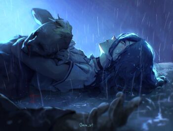 0mou_art 1boy 1girl artist_name black_choker black_hair blonde_hair blush chainsaw_man choke_hold choker foaming_at_the_mouth green_eyes highres long_hair lying on_back rain reze_(chainsaw_man) shirt short_sleeves strangling water water_drop wet white_shirt