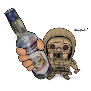 Rule 34 | 1boy, alcohol, bodysuit, bottle, brown bodysuit, chibi, chibi only, commentary, english commentary, full body, gas mask, highres, holding, holding bottle, hood, hood up, johnholl0w, looking at viewer, male focus, mask, masked, meme, quieres? (meme), russian text, simple background, solo, stalker (game), standing, vodka, white background