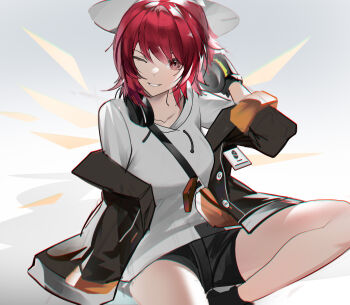 1girl absurdres alternate_costume arknights black_gloves black_jacket black_shorts chinese_commentary collarbone commentary_request detached_wings energy_wings exusiai_(arknights) feet_out_of_frame gloves headphones highres holding holding_headphones jacket looking_at_viewer medium_hair off_shoulder open_mouth penguin_logistics_logo red_hair shirt short_shorts shorts sitting smile teeth white_shirt wings ztianyoshino