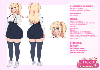 1girl ass aykoll black_overalls black_thighhighs blonde_hair blue_eyes blush breasts character_age character_name character_profile clarissa_kimmel_(study_buddies) cleavage english_text from_behind full_body glasses height large_breasts logo long_hair long_sleeves looking_to_the_side multiple_views original overall_skirt overalls reference_sheet shirt shoes side_ponytail smile sneakers solo standing study_buddies thighhighs weight white_shirt