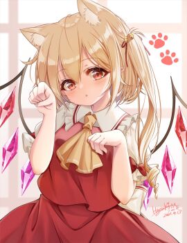 Rule 34 | 1girl, animal ear fluff, animal ears, ascot, bell, blonde hair, cat ears, collared shirt, commentary request, cowboy shot, crystal, dated, flandre scarlet, frilled shirt collar, frills, hair bell, hair ornament, hand up, haruki (colorful macaron), highres, jingle bell, kemonomimi mode, long hair, looking at viewer, one side up, parted lips, paw pose, red eyes, red skirt, red vest, shirt, signature, skirt, solo, touhou, vest, white shirt, wings, yellow ascot