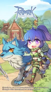 baphomet_jr belt belt_pouch bigfoot_(ragnarok_online) blue_hair blue_sky blush boots bra_strap breasts brown_belt brown_footwear camouflage camouflage_scarf camouflage_shorts chibi chibi_only cleavage cloud copyright_notice fingerless_gloves full_body gloves green_gloves green_scarf green_shorts green_thighhighs green_tube_top high_ponytail highres logo looking_at_viewer medium_breasts midriff navel official_art official_wallpaper open_mouth outdoors path ponytail pouch purple_eyes ragnarok_online ranger_(ragnarok_online) road round_teeth scarf short_hair short_ponytail shorts sky smile strapless taruk teeth tent thighhighs tube_top upper_teeth_only walking wolf