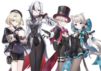 2boys 2girls animal_ears aqua_bow arlecchino_(genshin_impact) black_eyes black_gloves black_hair black_hat black_pants black_shirt black_shorts black_skirt blonde_hair blue_eyes bow bowtie breasts brown_pantyhose brown_thighhighs cat_ears cat_girl cat_tail closed_mouth facial_mark fingerless_gloves freminet_(genshin_impact) genshin_impact gloves grey_vest hair_between_eyes hair_over_one_eye hat highres hn_(honyori_ta) holding jacket long_hair long_sleeves lynette_(genshin_impact) lyney_(genshin_impact) multicolored_hair multiple_boys multiple_girls one_eye_closed pants pantyhose pers_(genshin_impact) pink_bow pink_bowtie purple_eyes red_hair red_pupils shirt short_hair shorts skirt smile star_(symbol) star_facial_mark streaked_hair symbol-shaped_pupils tail teardrop_facial_mark thigh_strap thighhighs top_hat two-tone_hair vest white_hair white_jacket x-shaped_pupils