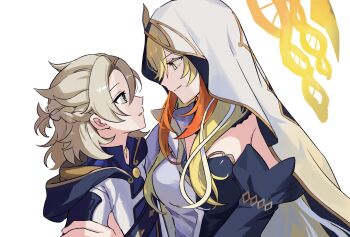 1boy 1girl :o albedo_(genshin_impact) aqua_eyes black_dress blonde_hair blue_shirt braid brown_hair closed_mouth coat collared_shirt colored_eyelashes commentary_request detached_collar double_helix dress eye_contact genshin_impact gradient_hair hair_between_eyes half_up_half_down_braid halo highres hood hood_down hooded_coat hug korean_commentary long_hair long_sleeves looking_at_another medium_hair multicolored_hair open_clothes open_coat parted_bangs parted_lips profile rhinedottir_(genshin_impact) shirt simple_background smile symbol-shaped_pupils ttuyer0 upper_body veil very_long_hair vision_(genshin_impact) white_background white_coat white_dress white_veil yellow_eyes