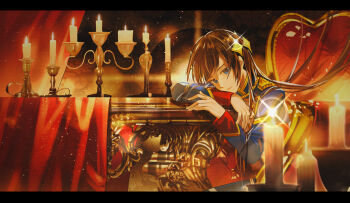 1girl :/ absurdres aiguillette arm_rest armchair black_hair blue_eyes blue_jacket blurry blurry_background blurry_foreground candelabra candlestand chair chinese_commentary closed_mouth commentary_request curtains depth_of_field diffraction_spikes epaulettes film_grain fingernails glint hair_flowing_over hand_rest hands_up head_rest head_tilt highres hunched_over jacket kagura_hikari lens_flare letterboxed lips long_hair long_sleeves looking_at_viewer multicolored_jacket night parted_bangs shoujo_kageki_revue_starlight sideways_glance sitting solo sparkle_hair_ornament star_(sky) table tablecloth twirling_hair upper_body wu_huo_(nor020113) yellow_trim