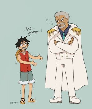 Rule 34 | 2boys, beard, black hair, blue necktie, blue shirt, blue shorts, bridgekc, coat, coat on shoulders, crossed arms, epaulettes, facial hair, full body, grandfather and grandson, grey hair, hat, highres, jacket, male focus, monkey d. garp, monkey d. luffy, multiple boys, necktie, one piece, pants, red shirt, sandals, scar, scar on face, shirt, shoes, short hair, shorts, sleeveless, sleeveless shirt, straw hat, trembling, tumblr username, white jacket, white pants, white shoes