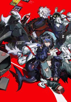 1boy 1girl absurdres animal_ears balloon bangboo_(zenless_zone_zero) black_hair bottle bottle_cap butler_(zenless_zone_zero) closed_mouth coca-cola commentary_request copyright_name crop_top denim ellen_joe endo_(takolegs) eyewear_on_head fins fish_tail furry furry_male guest_art hair_between_eyes headphones headphones_around_neck highres holding jeans jewelry looking_at_viewer mechanical_legs multicolored_hair nail_polish necklace pants red_eyes red_hair red_nails ring sandals shark_girl shark_tail sleeves_past_wrists soda soda_bottle tail television torn_clothes torn_jeans torn_pants von_lycaon white_hair wolf_boy wolf_ears wolf_tail zenless_zone_zero