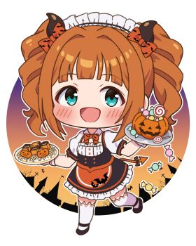 1girl absurdres animal_print apron bat_print blue_eyes blunt_bangs blush bow bowtie candy chibi chibi_only commentary commentary_request cookie demon_horns demon_tail dress english_commentary fake_horns fake_tail food frilled_dress frills full_body hair_bow halloween highres holding holding_tray horns idolmaster idolmaster_(classic) jack-o&#039;-lantern lollipop maid maid_headdress mixed-language_commentary open_mouth orange_hair pumpkin short_sleeves sizmaru11 smile solo standing standing_on_one_leg tail takatsuki_yayoi thighhighs tray twintails waist_apron waitress wrapped_candy wrist_cuffs