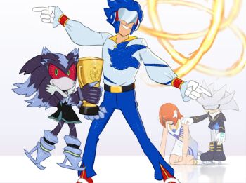 1girl 3boys alternate_costume closed_eyes colored_sclera cosplay feather_hair_ornament feathers fire gloves green_eyes hair_ornament holding holding_trophy ice_skates joeadok kneeling mephiles_the_dark multiple_boys princess_elise_the_third red_hair red_sclera shaded_face short_hair silver_the_hedgehog skates smile sonic_(series) sonic_man sonic_the_hedgehog sonic_the_hedgehog_(2006) sonic_the_hedgehog_(cosplay) teeth trophy white_gloves