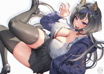 1girl :d absurdres animal_ears black_bra black_choker black_hair black_shoes black_skirt black_thighhighs blue_jacket blush bra bra_visible_through_clothes breasts choker cleavage commentary_request fake_animal_ears hair_ornament hand_in_pocket hand_up highres jacket large_breasts long_hair love_cacao mask miniskirt mouth_mask open_clothes open_jacket open_mouth original pleated_skirt purple_eyes shirt shirt_tucked_in shoes simple_background skirt smile solo thighhighs thighs underwear white_background white_shirt