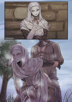 2boys absurdres anal arm_grab arms_behind_back blood blood_on_clothes bulge clothed_sex clothes crying crying_with_eyes_open cum cum_in_clothes dokadokadake ejaculation_under_clothes elden_ring erection erection_under_clothes fromsoftware highres looking_at_viewer male_penetrated mask multiple_boys muscular muscular_male penis rolling_eyes sex sex_from_behind tears trembling yaoi yellow_eyes