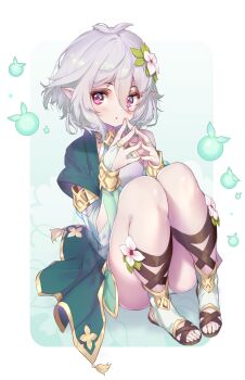 1girl :o absurdres ankle_boots arm_cutout armband ass blush boots bracelet bridal_gauntlets cloak clothing_cutout collar curly_hair detached_sleeves elf feet fingerless_gloves fingernails fingers_together flower flower_ornament gloves gradient_eyes green_cloak hair_flower hair_ornament highres hong_(white_spider) jewelry knees_up kokkoro_(princess_connect!) leg_strap magenta_eyes multicolored_eyes nail_polish one-piece_dress panties panty_peek pink_nails pointy_ears princess_connect! ring sandals see-through_clothes short_hair silver_hair solo toeless_footwear toes underwear white_panties