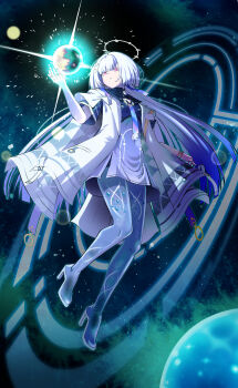 1girl absurdres colored_eyelashes commentary covered_navel dress full_body grey_hair halo hand_up highres jacket long_hair looking_to_the_side mornye_(wuthering_waves) parted_lips purple_dress red_eyes samacho see-through_body solo space white_jacket wuthering_waves