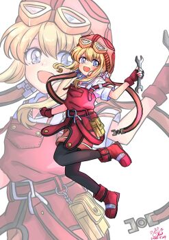 blonde_hair blue_eyes eiyuu_densetsu goggles goggles_on_head highres holding holding_wrench open_mouth overalls pink_shorts red_overalls shorts smile sora_no_kiseki tita_russell tool_belt toolbox tools wrench