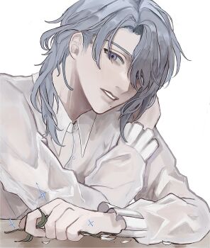 Rule 34 | 1boy, alternate costume, asymmetrical hair, blue hair, collared shirt, commentary request, curtained hair, flower, genshin impact, hair behind ear, hair over one eye, hair over shoulder, hand on own shoulder, hand up, highres, holding, holding flower, kamisato ayato, long sleeves, looking at viewer, male focus, medium hair, mole, mole under mouth, morumottocute, parted bangs, parted lips, petals, purple eyes, shirt, simple background, solo, upper body, white background, white flower, white shirt