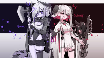 2girls absurdres axe black_horns black_jacket black_leotard black_shorts black_thighhighs breasts character_name chinese_commentary cleavage colored_inner_hair commentary_request covered_navel cowboy_shot cropped_jacket curled_horns dress grey_hair highleg highleg_leotard highres holding holding_axe horns imazawa jacket jacket_on_shoulders leotard medium_breasts multicolored_hair multiple_girls open_mouth original paid_reward_available pointy_ears purple_hair red_hair short_hair short_shorts shorts simple_background single_thighhigh small_breasts tail thighhighs two-tone_hair white_dress white_jacket yellow_eyes