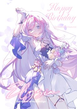 1girl absurdres alternate_costume arm_up bare_shoulders blue_eyes bouquet breasts chinese_commentary commentary_request dress elysia_(honkai_impact) english_text flower gloves happy_birthday highres holding holding_bouquet honkai_(series) honkai_impact_3rd long_hair luohuabanyu71142 medium_breasts parted_lips pink_hair solo veil white_background white_dress white_gloves white_veil