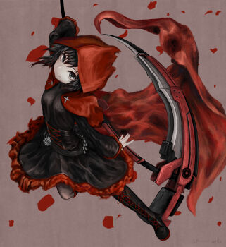 1girl absurdres black_dress black_hair boots brown_background cape crescent_rose dress falling_petals frilled_dress frills grey_eyes highres holding holding_scythe holding_weapon hood hooded_cape knee_boots lace-up_boots petals red_cape rose_petals ruby_rose rwby scythe short_hair solo weapon