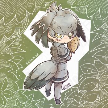 1girl back bird_girl bird_tail bird_wings blonde_hair commentary_request feathered_wings full_body grey_hair head_wings kemono_friends long_hair looking_at_viewer looking_back multicolored_hair pantyhose shirabaki shirt shoebill_(kemono_friends) shoes shorts simple_background solo tail two-tone_hair wings yellow_eyes