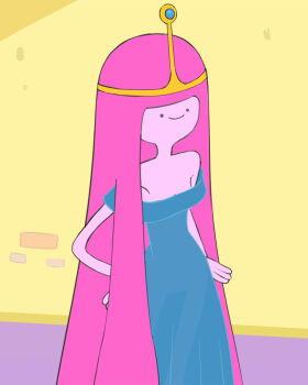 1girl adventure_time bare_shoulders breasts closed_mouth colored_skin dress haruyama_kazunori long_hair official_style pink_hair pink_skin princess_bonnibel_bubblegum smile solo tiara very_long_hair