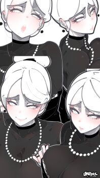 1girl absurdres artist_name bilingual_commentary black_dress breasts closed_mouth commentary covered_collarbone dress earrings english_commentary floating_earrings hair_bun highres jewelry jrpencil large_breasts looking_at_viewer mixed-language_commentary multiple_views necklace open_mouth original parted_bangs parted_lips pearl_necklace raised_inner_eyebrows ring short_hair simple_background single_hair_bun smile white_background white_eyes white_hair