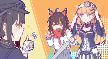 Rule 34 | 3girls, absurdres, ahoge, alternate costume, animal ear headphones, animal ears, bai weizi lingzi, black bow, black choker, black dress, black hair, black hat, blonde hair, blue eyes, blunt bangs, bow, breasts, cat ear headphones, cat ears, chicken hat, choker, cleavage, closed mouth, commentary request, confused, dress, fake animal ears, grey eyes, grey skirt, hair bow, hands up, hat, headphones, highres, kurobe nanoka, long hair, long sleeves, looking at another, mahou shoujo no majo saiban, multicolored hair, multiple girls, neckerchief, open mouth, orange eyes, pleated skirt, red neckerchief, saeki miria, sawatari coco, school uniform, serafuku, sharp teeth, skirt, sparkle, standing, streaked hair, teeth, thumbs up, twintails