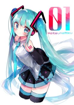 Rule 34 | 1girl, absurdres, aqua eyes, aqua hair, aqua trim, arms behind back, bare shoulders, bed, black boots, black skirt, black sleeves, black thighhighs, blush, boots, breasts, character name, character name tattoo, closed mouth, collared shirt, commentary request, detached sleeves, frilled shirt, frills, grey shirt, hair between eyes, hair ornament, hatsune miku, highres, koyubisennti, leaning forward, long hair, long sleeves, looking at viewer, medium breasts, miniskirt, pleated skirt, power symbol, power symbol-shaped pupils, shirt, simple background, skirt, sleeveless, sleeveless shirt, smile, solo, symbol-shaped pupils, thighhighs, thighs, twintails, very long hair, vocaloid, white background