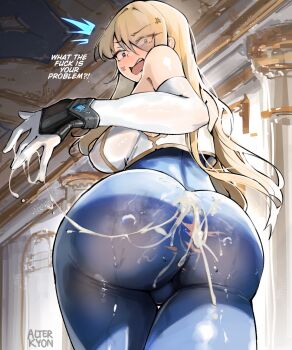 1girl ^^^ alterkyon angry artist_name ass blonde_hair bodystocking brown_dust_(series) brown_dust_2 capelet commentary cum cum_on_ass cum_on_body cum_on_hands english_commentary english_text from_behind gloves highres huge_ass indoors long_hair looking_at_viewer looking_back solo torn_bodystocking torn_clothes white_capelet white_gloves wide_hips wilhelmina_(brown_dust) wilhelmina_stretch_(meme)