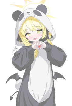 1girl :d absurdres alternate_costume animal_costume animal_hood blonde_hair blue_archive bow commentary_request cowboy_shot demon_girl demon_horns demon_tail demon_wings hair_between_eyes hair_bow hair_ribbon heart heart_hands highres hood horns ibuki_(blue_archive) long_hair long_sleeves looking_at_viewer open_mouth panda_costume panda_hood ribbon runarie side_ponytail sidelocks signature simple_background smile solo standing tail white_background wings yellow_eyes