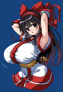 Rule 34 | 1girl, armpits, arms behind head, black hair, breasts, hair ribbon, highres, hirowa nagi, huge breasts, long hair, looking at viewer, nakoruru, open mouth, purple eyes, ribbon, samurai spirits, snk, solo, the king of fighters, weapon