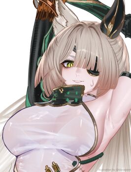 Rule 34 | 1girl, amputee, animal ears, armor, armpits, arms up, bandages, bra, breasts, brown hair, commentary, erune, eyepatch, granblue fantasy, green armor, green eyes, highres, long hair, medium breasts, octavia (granblue fantasy), see-through clothes, single mechanical ear, solo, sweat, sweatdrop, thehprm, underwear, wet, wet clothes