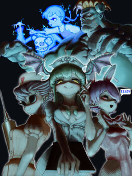 4girls absurdres arthropod_girl bee_girl breasts character_request darkstalkers demon_girl electricity head_wings highres holding holding_needle insect_girl lilith_(darkstalkers) morrigan_aensland multiple_girls needle nojob_hiro nurse playboy_bunny purple_hair q-bee short_hair speech_bubble victor_von_gerdenheim wings