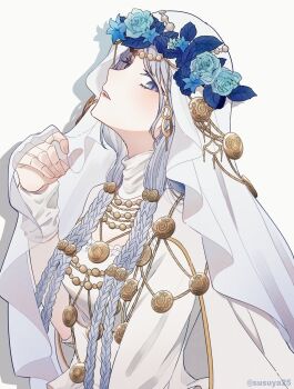 1girl blue_eyes blue_flower blue_rose braid doll_joints dress elden_ring elden_ring_nightreign flower head_wreath highres jewelry joints long_hair looking_at_viewer mixed-language_commentary revenant_(elden_ring) rose simple_background solo susukeya twitter_username veil white_background white_dress white_hair