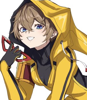 1girl arai_motoha black_bodysuit blue_eyes bodysuit breasts brown_hair cleavage closer_(p5x) commentary_request domino_mask eye_mask grin hair_between_eyes hand_up highres holding holding_mask hood hood_up hoodie looking_at_viewer mask medium_breasts persona persona_5 persona_5:_the_phantom_x red_mask s-m-53413 short_hair simple_background smile solo turtleneck turtleneck_bodysuit upper_body white_background yellow_hoodie