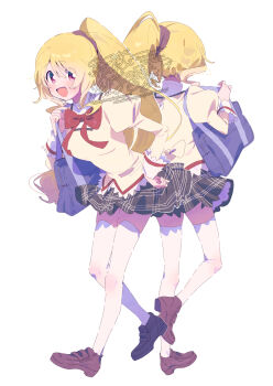 Rule 34 | 1girl, :d, bag, black skirt, blonde hair, blush, bow, bowtie, brown shoes, commentary request, full body, hair between eyes, hand on own hip, highres, juliet sleeves, long hair, long sleeves, looking at viewer, magia record: mahou shoujo madoka magica gaiden, mahou shoujo madoka magica, miniskirt, mitakihara school uniform, multiple views, open mouth, pleated skirt, ponytail, puffy sleeves, red bow, red bowtie, red eyes, school bag, school uniform, serizawa serizane, shirt, shoes, simple background, skirt, smile, standing, thighhighs, togame momoko, watermark, white background, white thighhighs, yellow shirt, zettai ryouiki