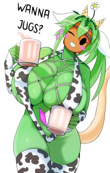 1girl animal_print black_eyes blaster_master_zero blaster_master_zero_2 blush breasts coco_(setawar) colored_skin cow_girl cow_print cup elbow_gloves english_text eyelashes female_focus fingerless_gloves gloves green_hair green_skin grin head_tilt highres holding holding_cup horns huge_breasts kanna_(blaster_master_zero) legs looking_at_viewer milk monster_girl one_eye_closed plant_girl slingshot_swimsuit smile solo swimsuit tail thick_thighs thighs white_background wink