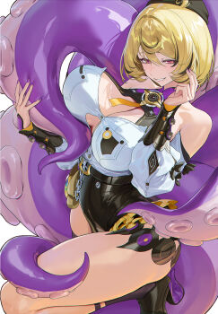1girl bare_shoulders black_hair black_socks blonde_hair breasts button_gap chain commentary detached_sleeves english_commentary hat high-waist_shorts high_heels highres kan_qianhuilan large_breasts leg_up looking_at_viewer mole mole_under_mouth monster_girl multicolored_hair nail_polish parted_lips purple_eyes purple_nails scylla short_hair shorts single_thighhigh smile socks solo streaked_hair suction_cups tentacle_girl tentacle_tail tentacles thighhighs yidhari_murphy zenless_zone_zero
