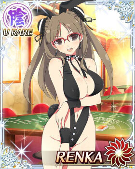 Rule 34 | 1girl, :d, ahoge, animal ear hairband, animal ears, arm at side, arm under breasts, black slingshot swimsuit, border, bow, bowtie, breasts, brown eyes, brown hair, bun cover, card (medium), casino, character name, cleavage, detached collar, double bun, earrings, fake animal ears, fake tail, game cg, gluteal fold, groin, hair bun, hairband, highleg, jewelry, large breasts, lightning ahoge, long hair, multiple wristbands, navel, official art, open mouth, parted bangs, playboy bunny, rabbit ear hairband, rabbit ears, rabbit tail, red-framed eyewear, renka (senran kagura), senran kagura, senran kagura new wave, slingshot swimsuit, smile, solo, swimsuit, tail
